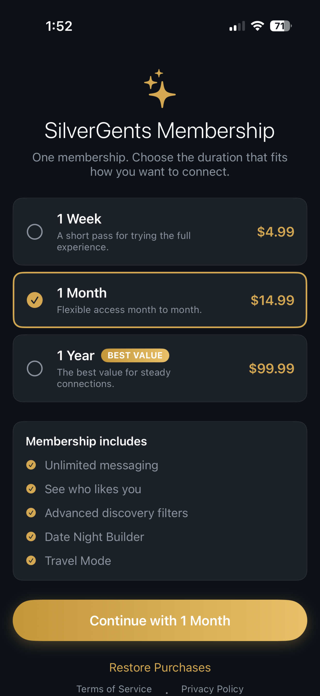 SilverGents iOS membership screen